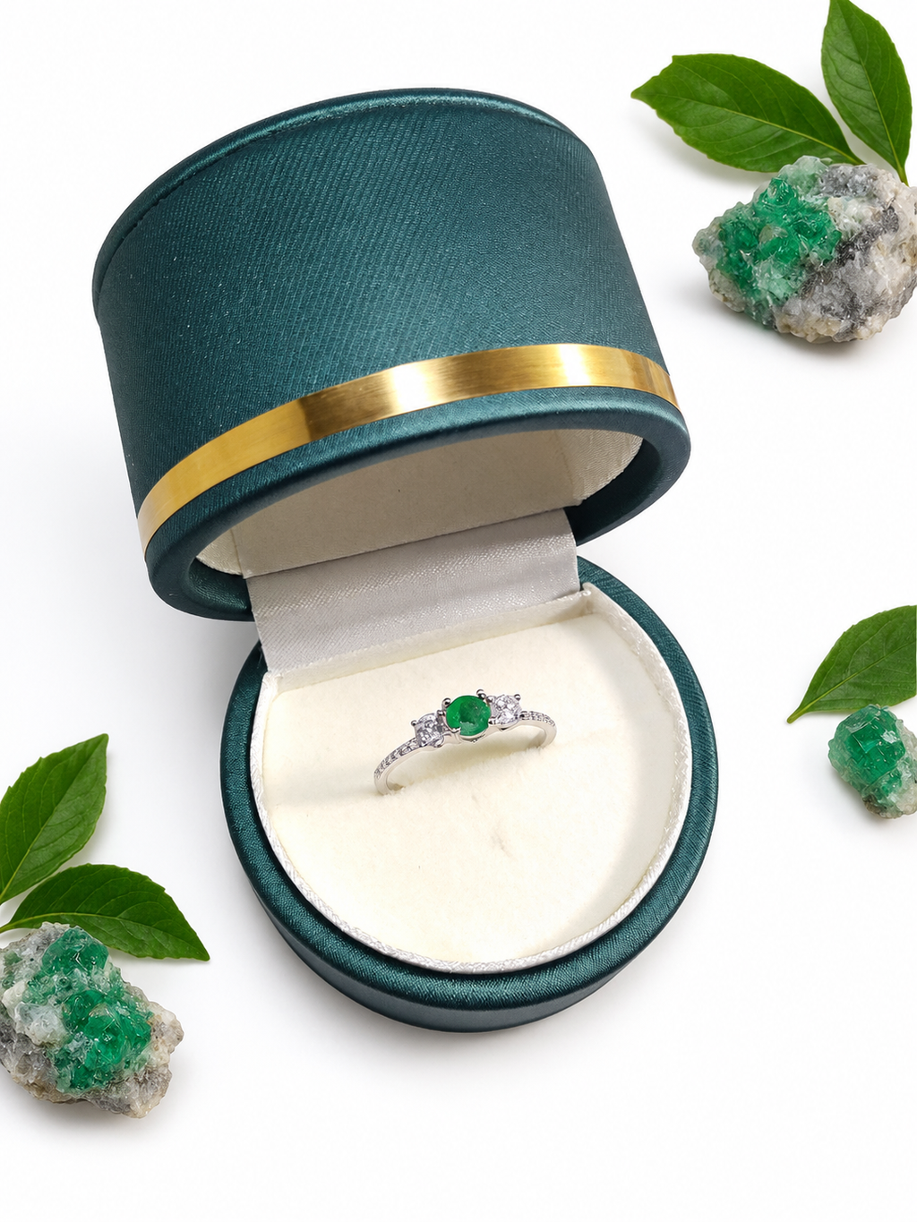 Anillo Oro blanco con plata esmeralda natural talla redonda tamaño 4,5mm