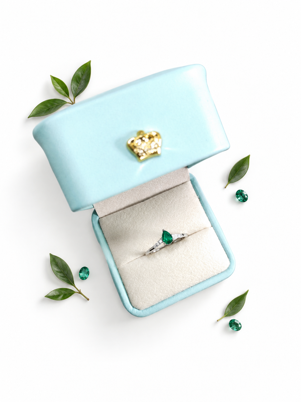 Anillo de Oro Blanco y Plata con Esmeralda Natural Certificada, Corte Gota
