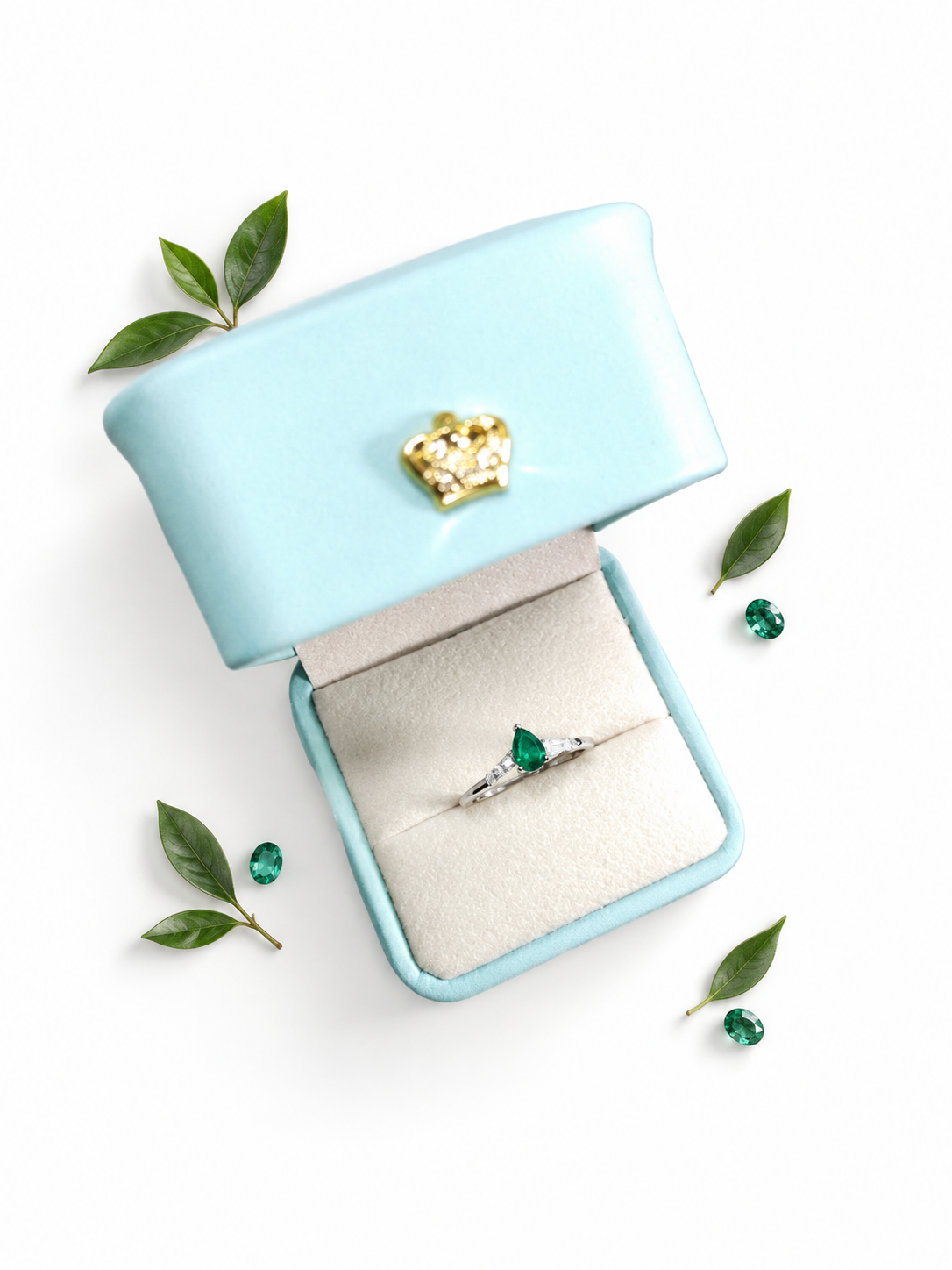 Anillo de Oro Blanco y Plata con Esmeralda Natural Certificada, Corte Gota